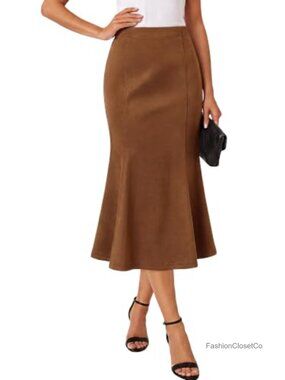 Faux Suede High Waist Mermaid Midi Skirt Fishtail Hem Fall Winter